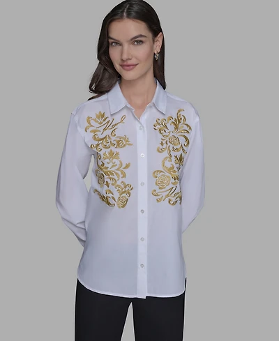 Karl Lagerfeld Paris Women's Cotton Embroidered Button-Front Top