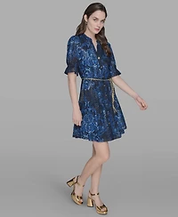 Karl Lagerfeld Paris Women's Printed Chain-Belt Ruffle-Sleeve Dress