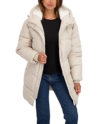 Sebby Collection Women's 3/4 Cozy Lined Hooded Puffer Coat With Drawstring Waist