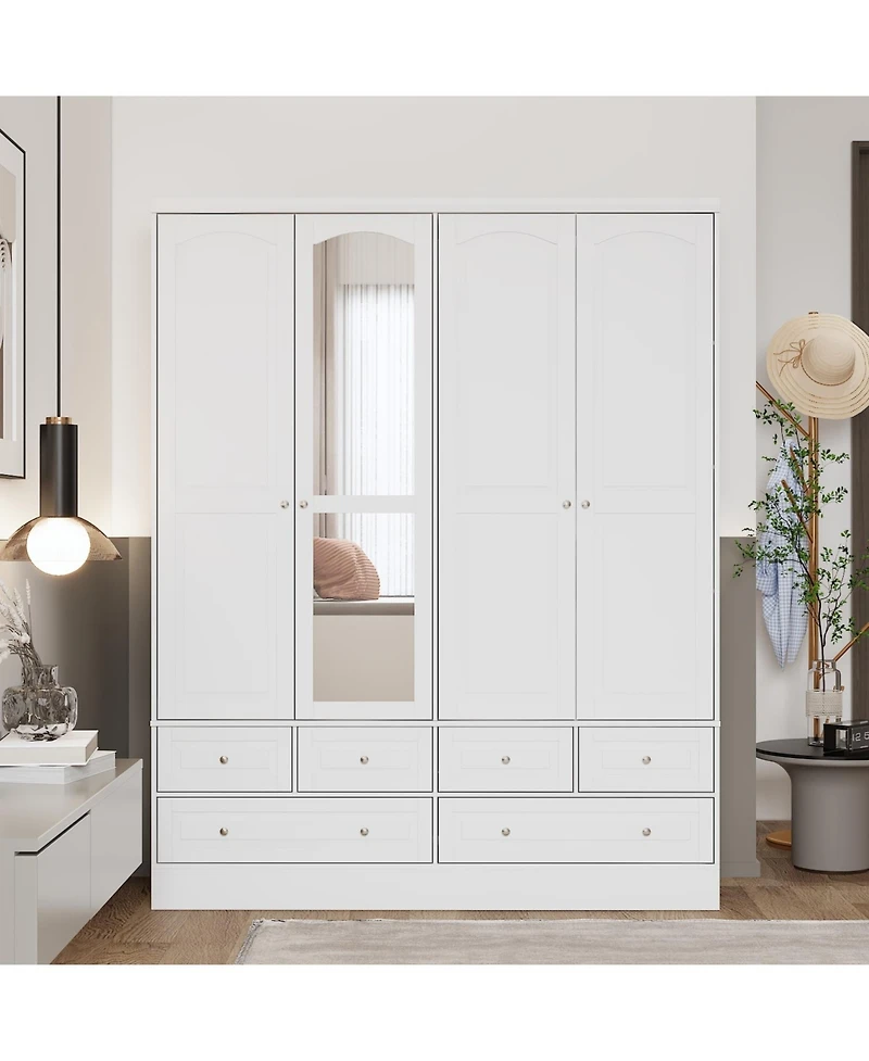 Homsee Luxury white 4-door 6-drawer wardrobe with mirror, bedroom Armoire, Closet