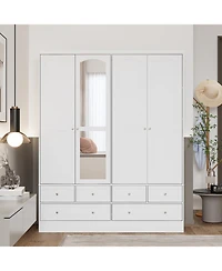 Homsee Luxury white 4-door 6-drawer wardrobe with mirror, bedroom Armoire, Closet