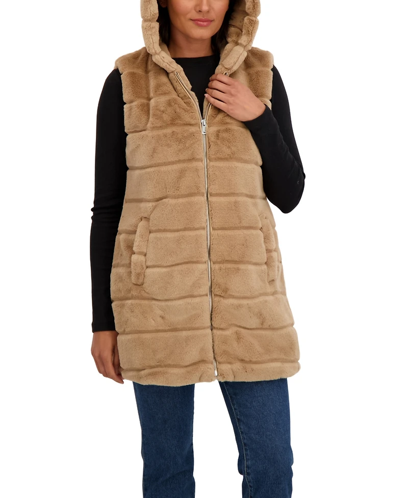 Sebby Collection Women's Hooded Grooved 3/4 Faux Fur Vest