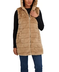 Sebby Collection Women's Hooded Grooved 3/4 Faux Fur Vest