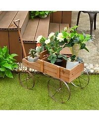 Gymax Garden Plant Planter Wooden Wagon W/ Wheel Yard