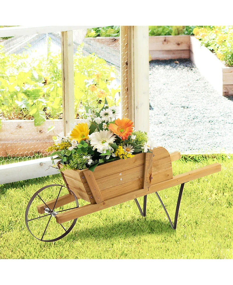 Gymax Wooden Wagon Planter Decorative Indoor/ Outdoor Rustic Flower Cart w/ Wheel