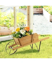 Gymax Wooden Wagon Planter Decorative Indoor/ Outdoor Rustic Flower Cart w/ Wheel