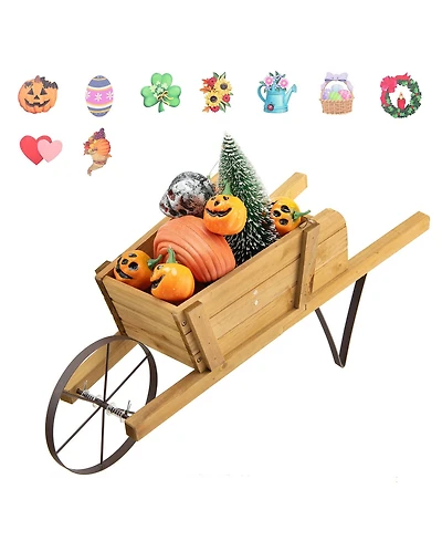 Gymax Wooden Wagon Planter Decorative Indoor/ Outdoor Rustic Flower Cart w/ Wheel