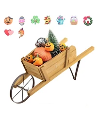 Gymax Wooden Wagon Planter Decorative Indoor/ Outdoor Rustic Flower Cart w/ Wheel