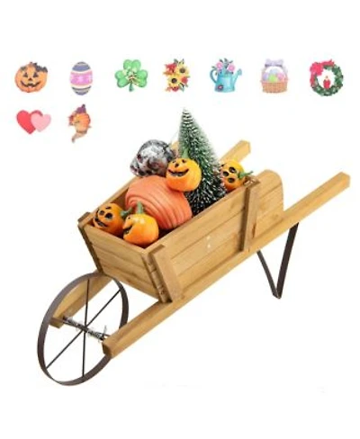 Gymax Wooden Wagon Planter Decorative Indoor Outdoor Rustic Flower Cart W Wheel