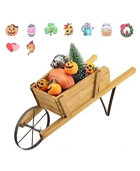 Gymax Wooden Wagon Planter Decorative Indoor/ Outdoor Rustic Flower Cart w/ Wheel