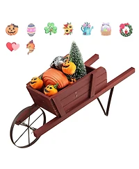 Gymax Wooden Wagon Planter Decorative Indoor/ Outdoor Rustic Flower Cart w/ Wheel