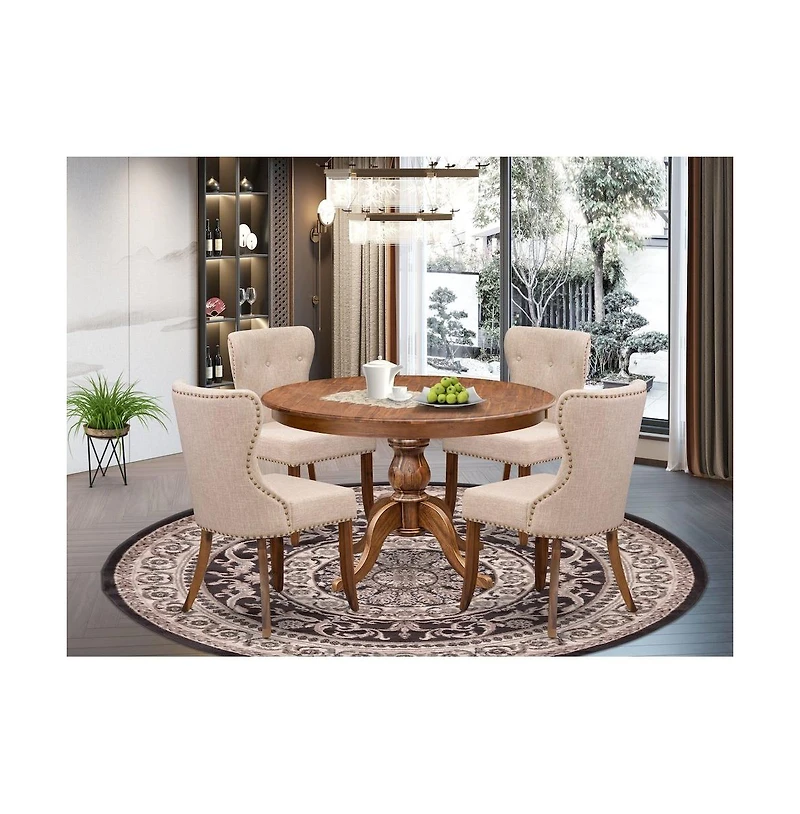 Luxe by East West Furniture 5-Pc Dining Set A Pedestal Dining Table & 4 Light Tan Linen Fabric Padded Chairs