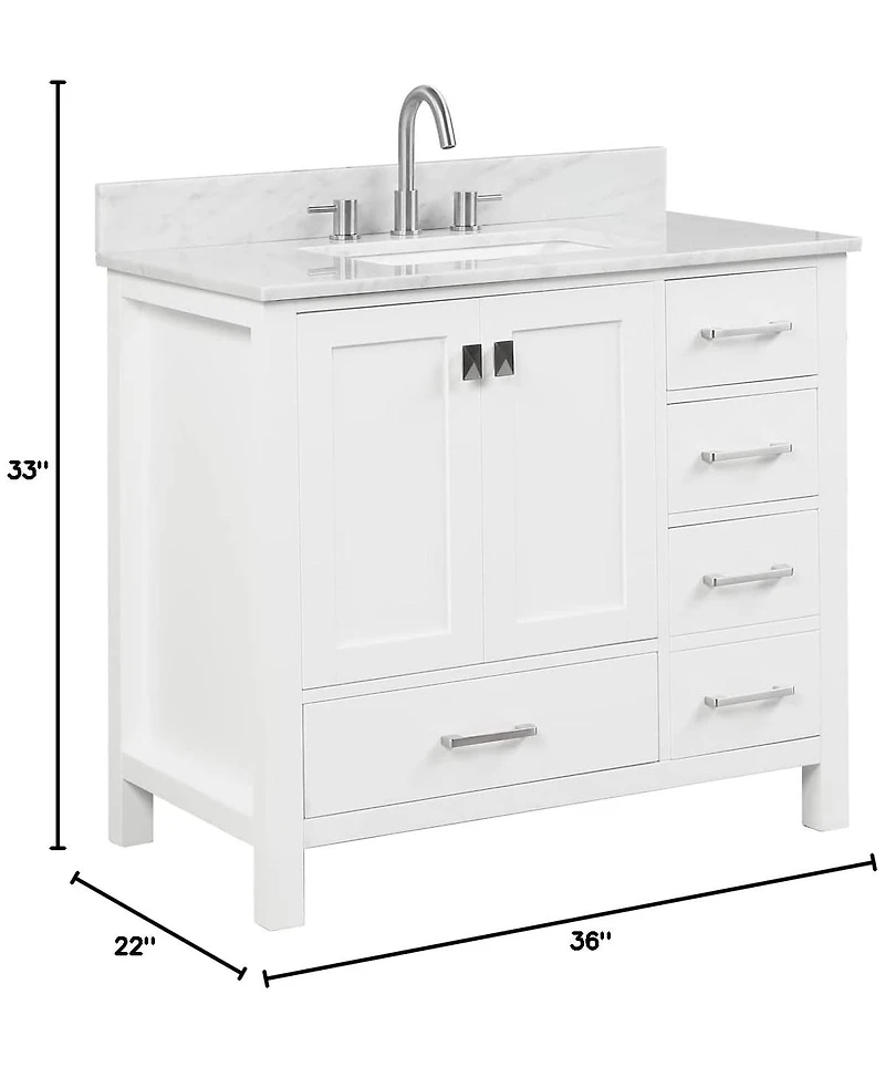 Vanirror 36" Matte White Bathroom Vanity Set with Marble Countertop & Ceramic Sink, Solid Wood Freestanding Vanity for Modern Bathrooms