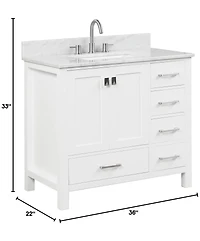 Vanirror 36" Matte White Bathroom Vanity Set with Marble Countertop & Ceramic Sink, Solid Wood Freestanding Vanity for Modern Bathrooms
