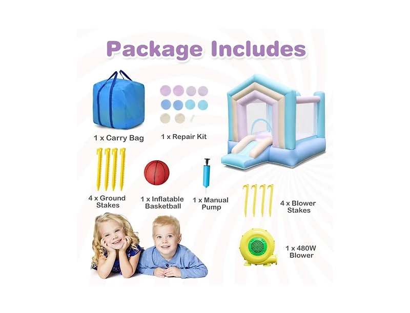 Akiudex Pastel Inflatable Bounce House with Slide and Basketball Hoop for Kids, 480W Blower Included