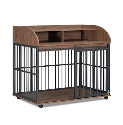 Aostirmotor 44'' Brown Heavy Duty Large Dog Crate Furniture Lockable Wheels Double Layer Storage
