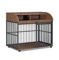 Aostirmotor 44'' Brown Heavy Duty Large Dog Crate Furniture Lockable Wheels Double Layer Storage