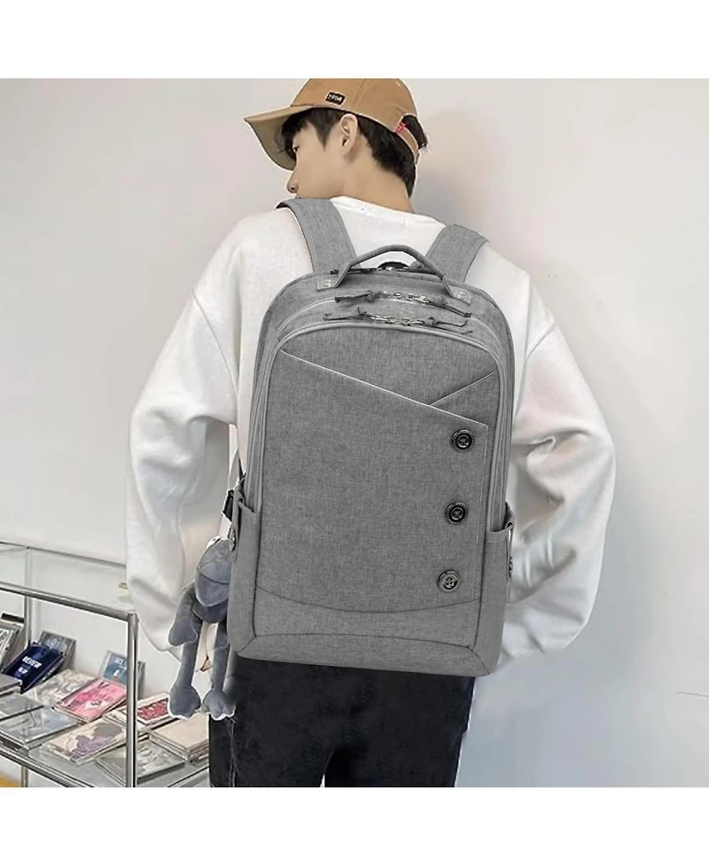 15.6 inch Grey Laptop Backpack for Men Women, Stylish Buttons Decor Daypack with Usb Charging Port, Water Resistant Computer Bag Notebook Bag Suitable