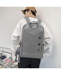 15.6 inch Grey Laptop Backpack for Men Women, Stylish Buttons Decor Daypack with Usb Charging Port, Water Resistant Computer Bag Notebook Bag Suitable