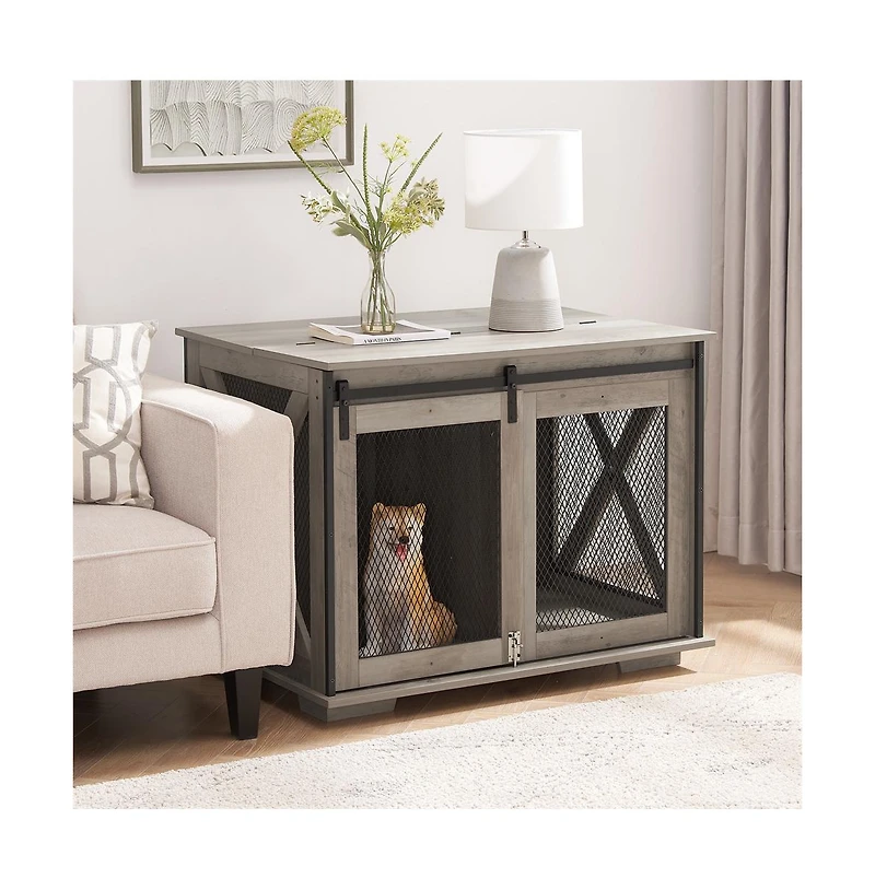 Aostirmotor Gray Farmhouse Dog Kennel End Table with Sliding Barn Door and Flip Top for Dogs