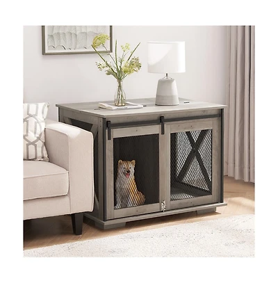 Aostirmotor Gray Farmhouse Dog Kennel End Table with Sliding Barn Door and Flip Top for Dogs
