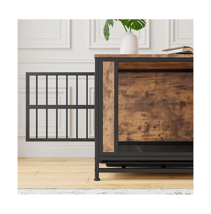 Aostirmotor 27.48'' Rustic Brown Wooden Dog Crate Table Sliding Doors Thick Iron Frame Indoor