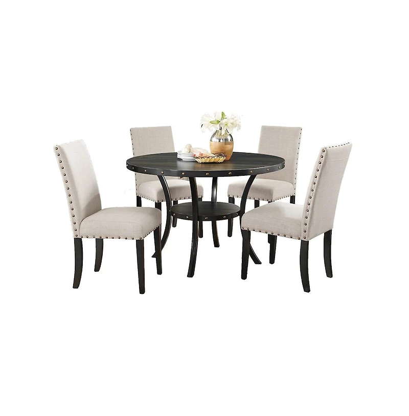 Roundhill Furniture Biony Espresso Wood Dining Set with Tan Fabric Nailhead Chairs, 5-Pc