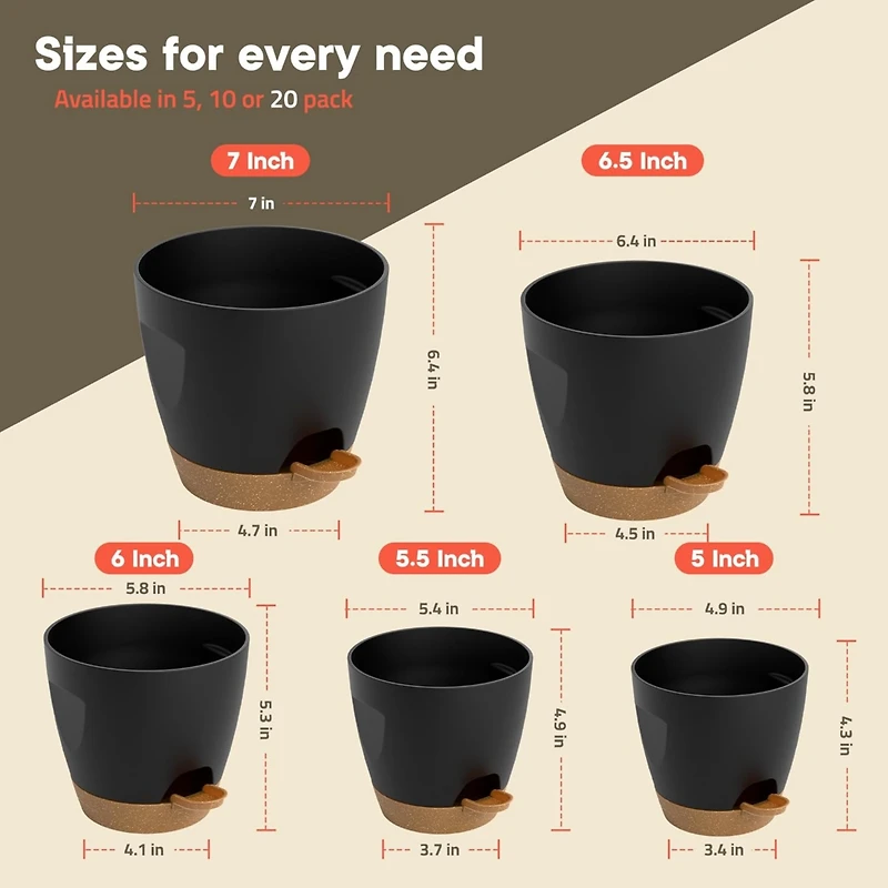 Lifemaster Black Self Watering Pots 20 Pack, Indoor and Outdoor Plant Pots with Wick Rope & Drainage Holes, Easy Watering Lip, Lightweight Plastic Sel
