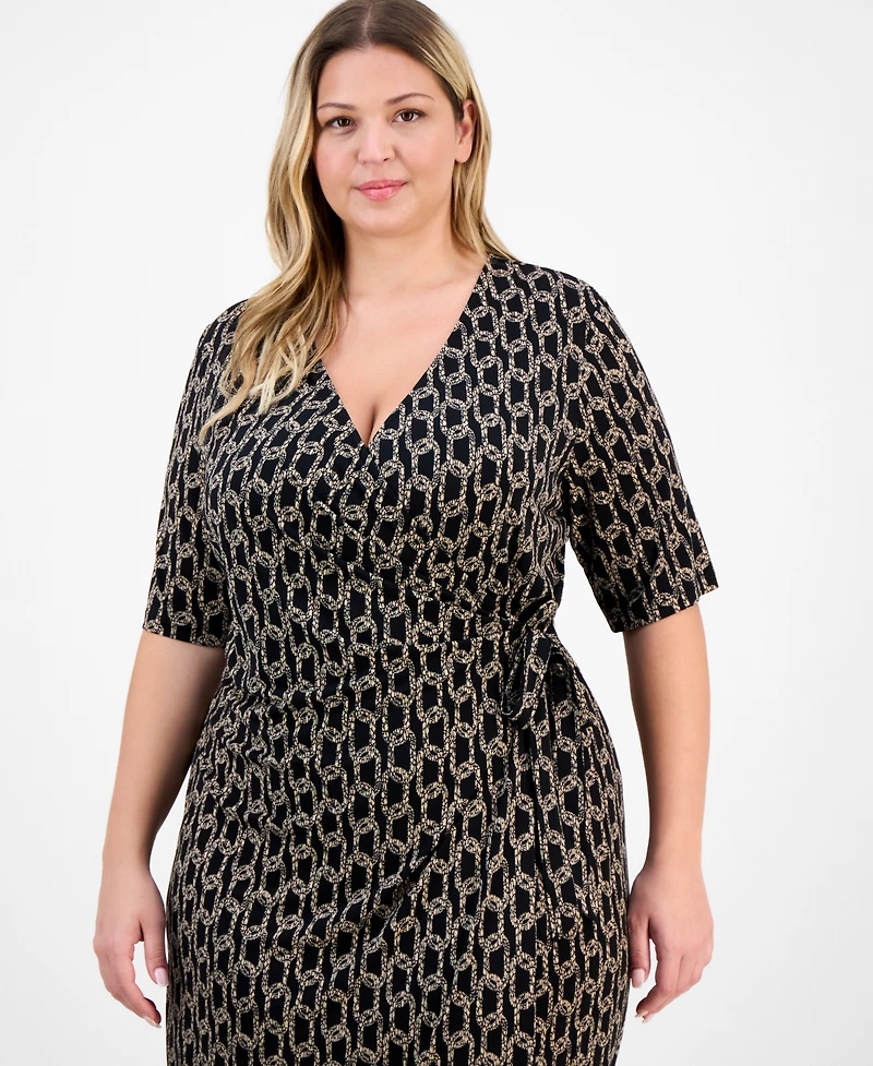 Connected Plus Elbow-Sleeve Wrap Side-Tie Jersey Dress