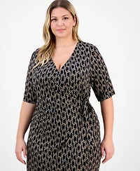 Connected Plus Elbow-Sleeve Wrap Side-Tie Jersey Dress