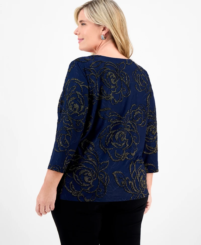 Jm Collection Plus Size Metallic Jacquard 3/4-Sleeve Top, Macy's Exclusive