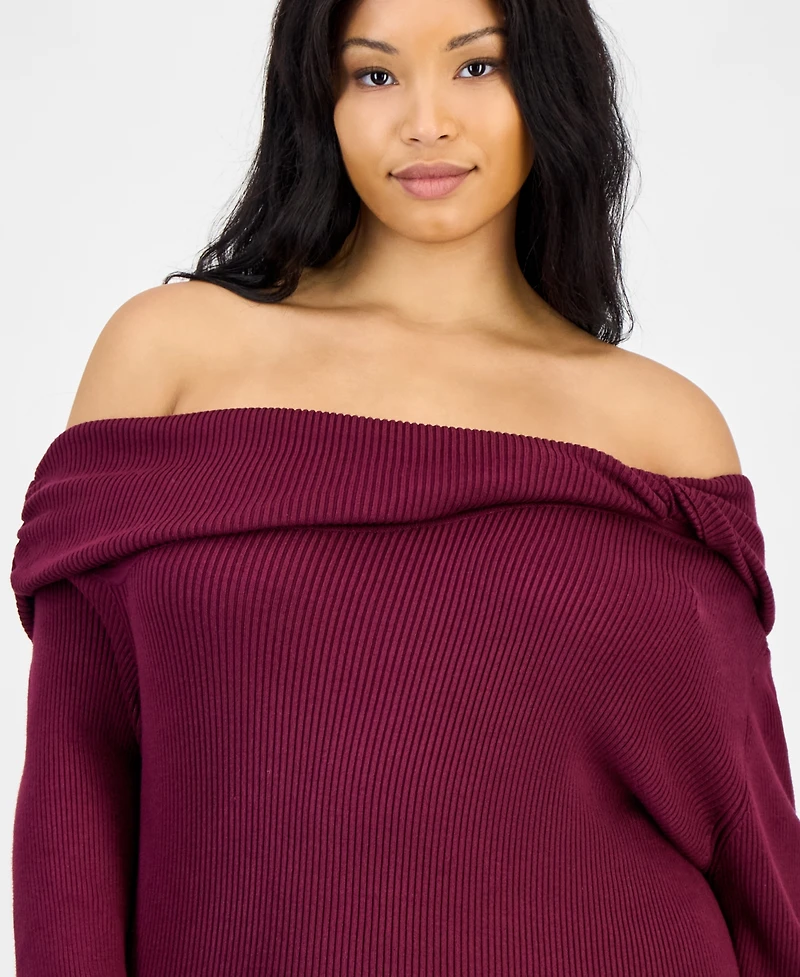 Bar Iii Trendy Plus Off-The-Shoulder Ribbed Sweater, Macy's Exclusive