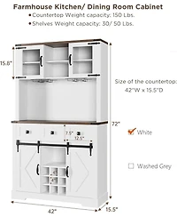 gaomon 72" Pure White Farmhouse Bar Cabinet with Sliding Barn Door, Kitchen Buffet with Hutch, 3 Drawers, Wine & Glasses Rack
