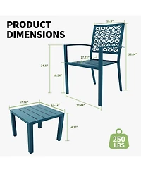 Gaomon 3 Pcs Blue Patio Bistro Set, Outdoor Stackable Steel Chairs & Square Coffee Table for Balcony, Porch, Garden, Lawn