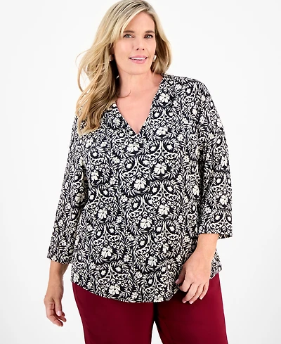 Jm Collection Plus Solid V-Neck 3/4-Sleeve Top