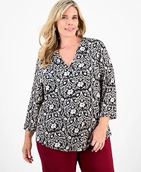 Jm Collection Plus Solid V-Neck 3/4-Sleeve Top