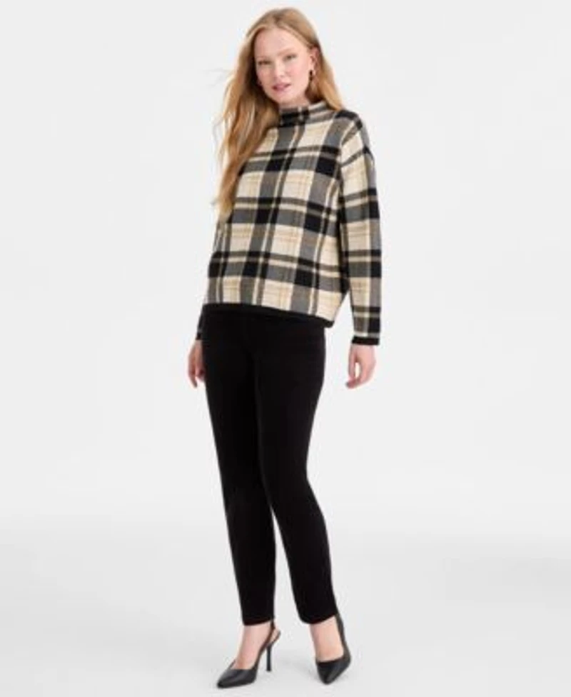 Jones New York Womens Plaid Mock Neck Sweater Fly Front Lexington Straight Jeans