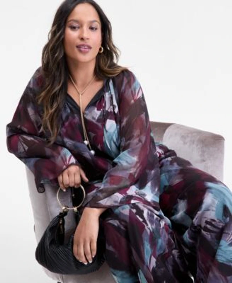 I.N.C. International Concepts Plus Size Printed Long Sleeve Tie Front Blouse High Rise Wide Leg Crinkle Pants Macys Exclusive