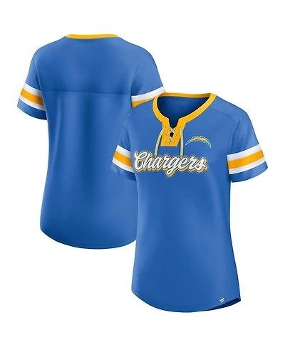 Fanatics Women's Powder Blue Los Angeles Chargers True Catch Iconic Rhinestone Bling Athena Lace-Up T-Shirt