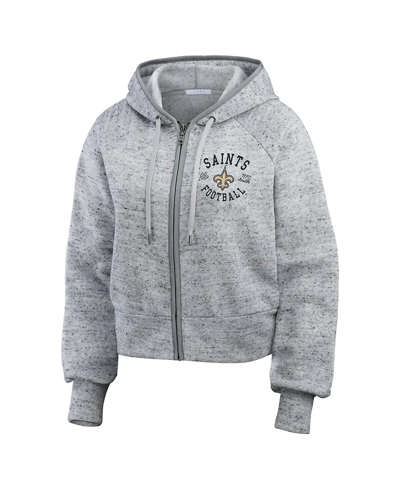 Wear by Erin Andrews Women's Heather Gray New Orleans Saints Speckled Fleece Cropped Full-Zip Hoodie