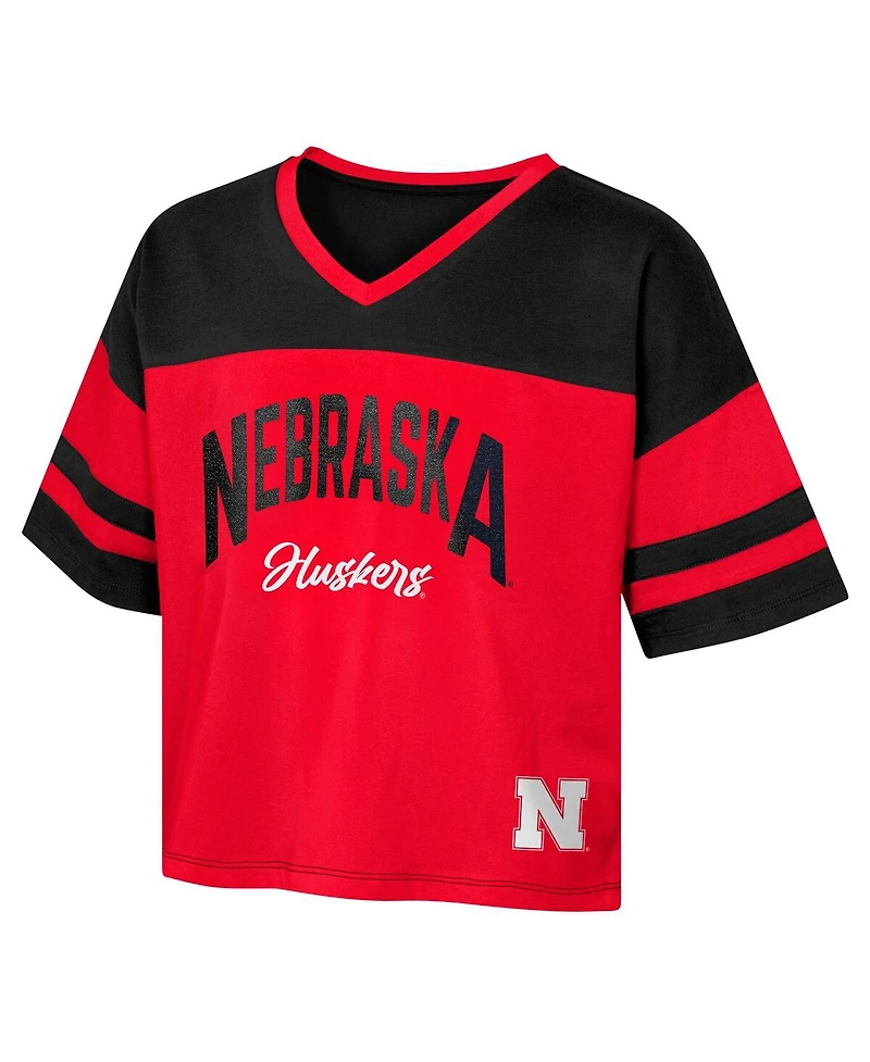 Outerstuff Big Girls Scarlet Nebraska Huskers The Playmaker Sleeve Stripe V-Neck Jersey T-Shirt