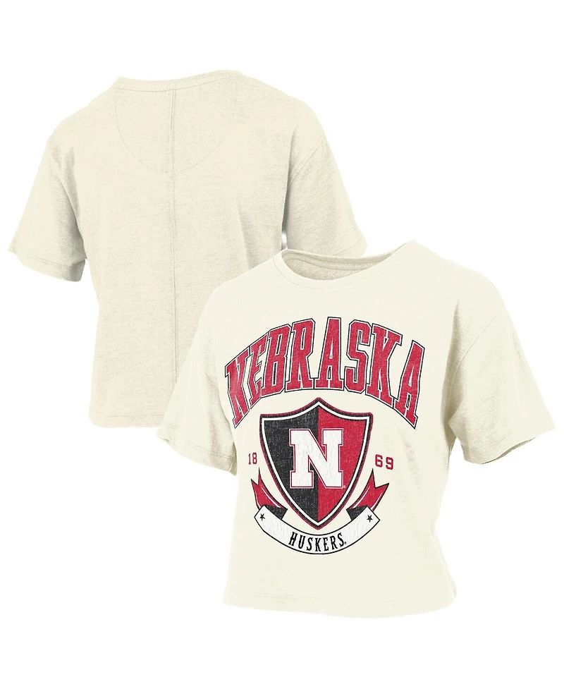Pressbox Women's Cream Nebraska Huskers Buckler Vintage Cropped T-Shirt