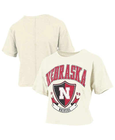 Pressbox Women's Cream Nebraska Huskers Buckler Vintage Cropped T-Shirt