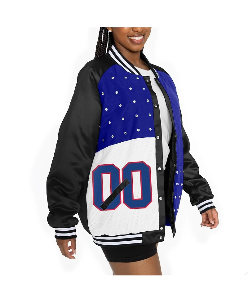 Gameday Couture Women's Black/Royal New York Giants Oversized Hot Shot Rhinestone Throwback Full-Snap Varsity Bomber Jacket