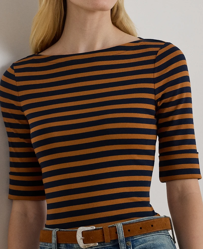 Lauren Ralph Petite Striped Stretch Cotton Boatneck Tee