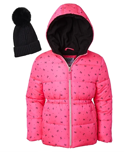 Kensie Girl Toddler and Little Girls Foil Bow Puffer Jacket with Beanie