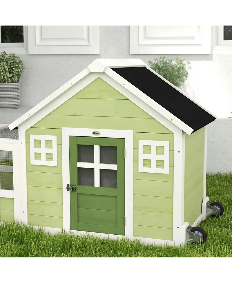 PawHut 64 Inch Rabbit Hutch with Asphalt Roof, Handle, Wheels, Multicolor