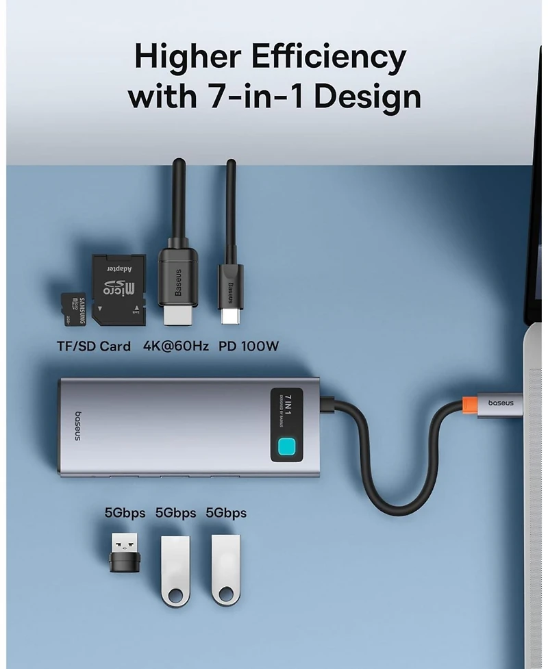 Baseus Usb C to Hdmi Adapter, 4K60Hz Usb C Docking Station, 7 in 1 Usb C Hub with 3 Usb-a, Pd 100W, Tf/Sd Card Reader