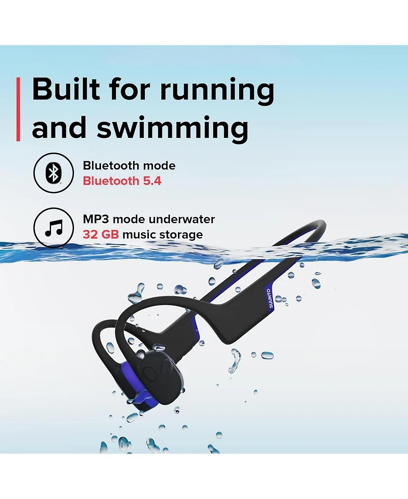 Suunto Aqua Light Waterproof Open-Ear Swimming Bone Conduction Bluetooth Headphones with Built MP3 Player - Tidal Black
