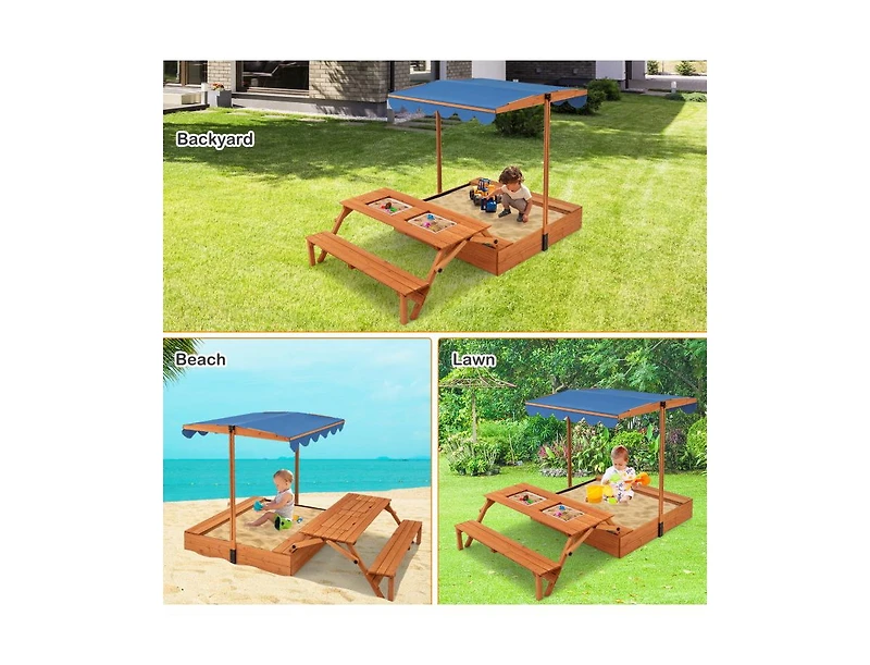 Akiudex 3-in-1 Kids Wooden Sandbox with Bench, Table, Bins and Adjustable Canopy